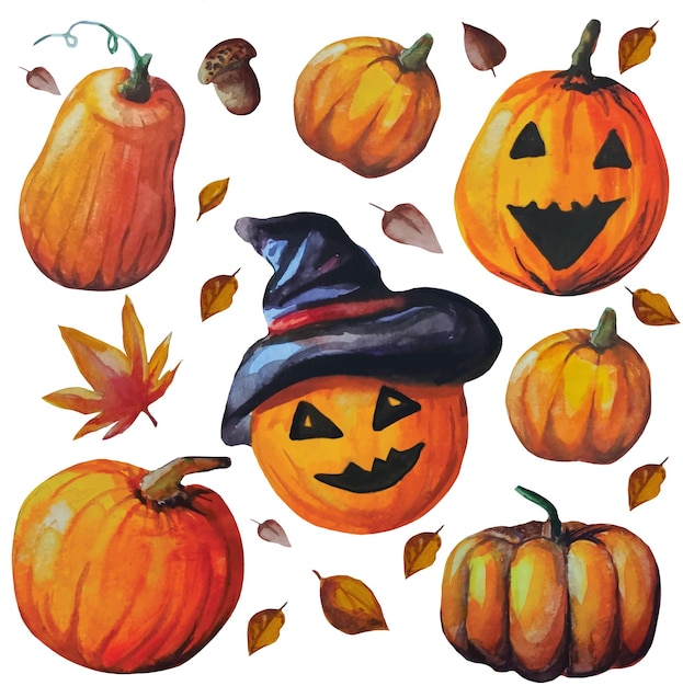 Autumn set with halloween pumpkins and dead leaves watercolor illustration