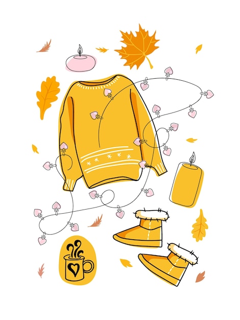 Autumn set with hand drawn elements. Warm knitted sweater, fur boots, hot drink, candles,