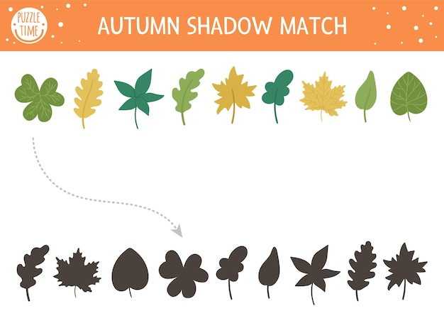 Autumn shadow matching activity for children. Fall season puzzle with cute plants. Simple educational game for kids with leaves. Find the correct silhouette printable worksheet.