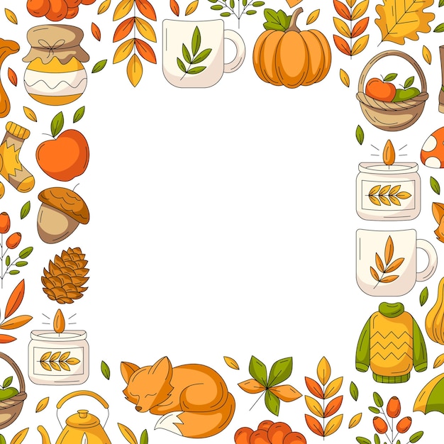 Vector autumn square poster with space for text in the middle colorful border frame with fall seasonal