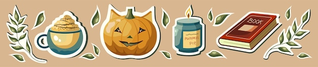 Autumn sticker pack. Set of autumn vector illustrations with pumpkin, candle, book, and leaves.