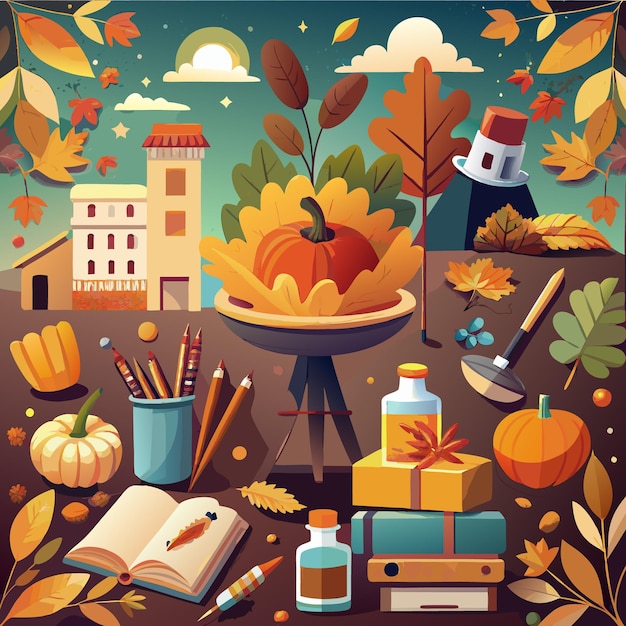 Vector autumn still life with pumpkins books and art supplies