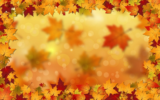 Autumn style blurred vector background with bokeh effect and colorful leaves