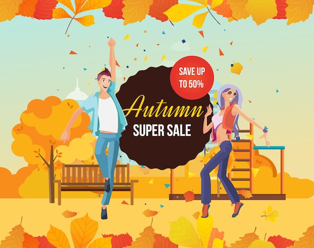 Autumn super sale background with colorful seasonal leaves