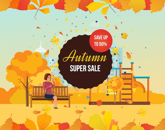 Autumn super sale background with colorful seasonal leaves