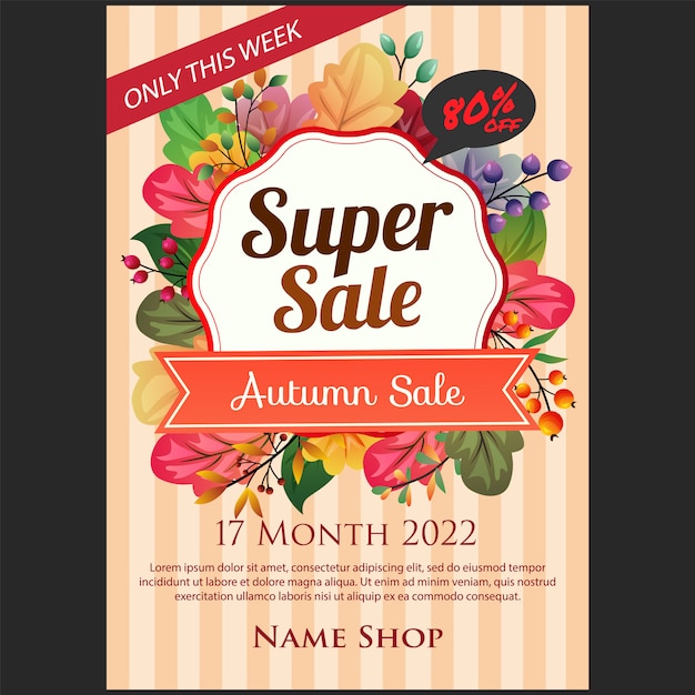 Autumn super sale poster with colored autumn leaves illustration