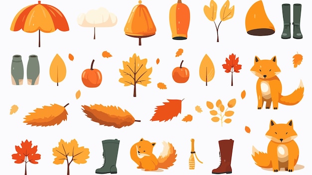 Vector autumn symbols vector cartoon set with fox and pumpkin