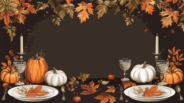 Vector autumn table setting with pumpkin and fallen leaves