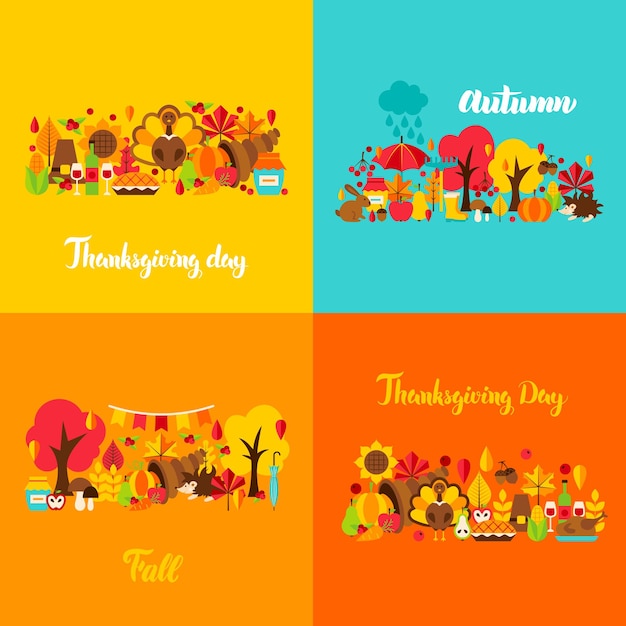 Autumn Thanksgiving Concept Set. Vector Illustration. Fall Seasonal Posters.