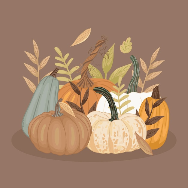 Autumn theme art with mushrooms and pumpkins. Cozy vector art