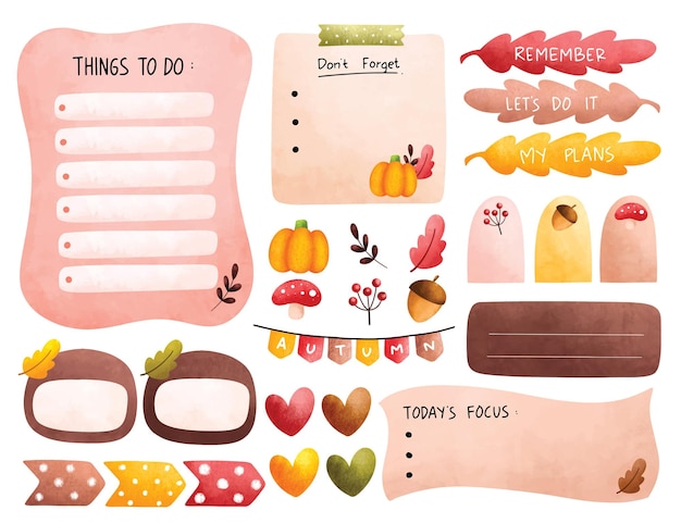 Autumn Theme Planner in Digital Water Color Vector Illustration