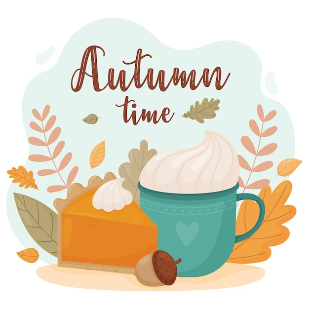 Vector autumn time. bright autumn composition with pumpkin pie, cup and autumn leaves. template for autumn holidays, cards, invitations, banners, etc. vector illustration in cartoon style.