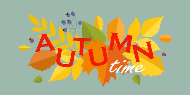 Vector autumn time phraze with colorful leaves isolated on a blue background vector banner