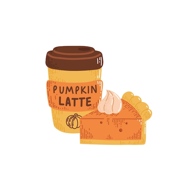 Autumn vector composition with coffee paper cup and piece of pumpkin pie in simple flat style