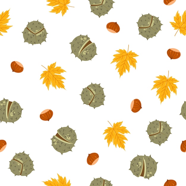 Autumn Vector Seamless Pattern. Hand drawn doodle leaves, chestnuts and nut