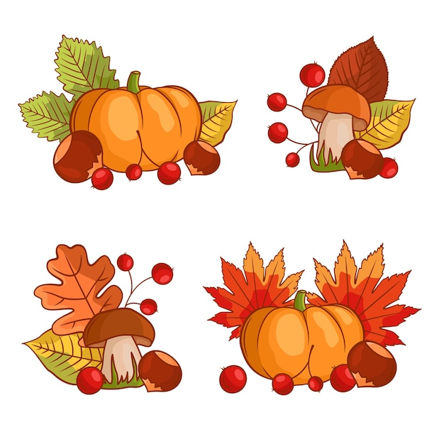 Autumn vegetable composition with pumpkin mushrooms leaves berries chestnuts Autumn still life with the autumn harvest season Vector illustration isolated on a white background