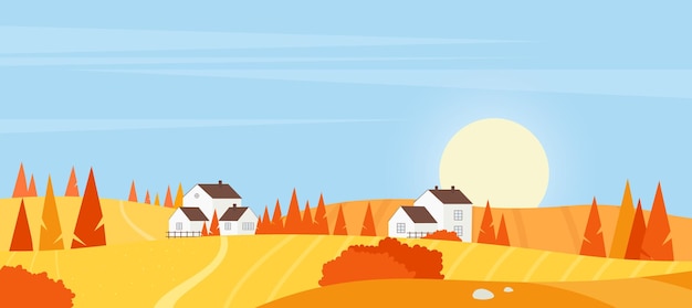 Vector autumn village farm landscape sunset scene with orange agriculture fields cozy houses