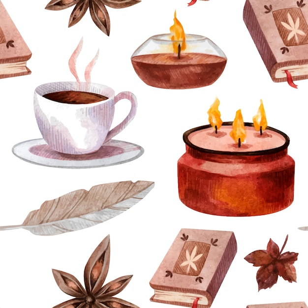 Autumn warm bright watercolor seamless pattern with candle, cup of coffee, cinnamon, book