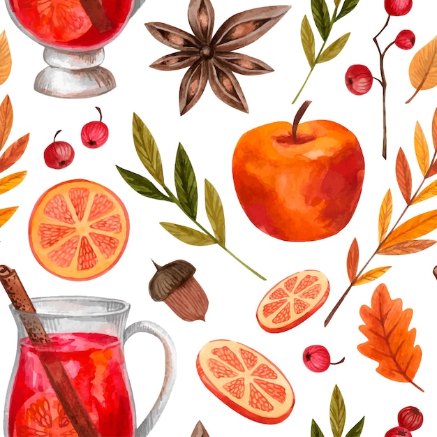 Autumn warm bright watercolor seamless pattern with mulled wine, apple, cinnamon, fallen leaves