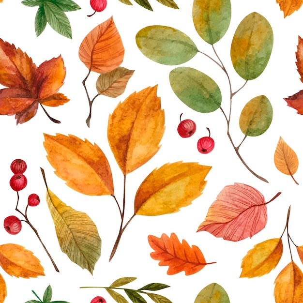 Autumn warm bright watercolor seamless pattern with yellow, green, red fallen leaves and berries