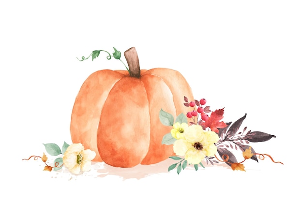 Autumn watercolor illustration with pumpkins and flowers leaves isolated on white background. Watercolor hand-painted perfect for design decorative greeting cards, or posters in the autumn festival.