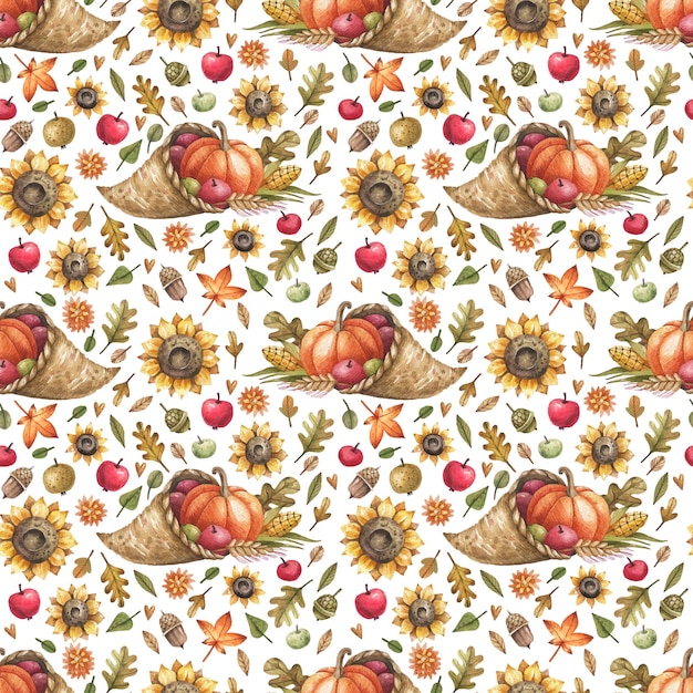 Autumn watercolor seamless pattern with ripe pumpkins, apples, cornucopia and sunflower flowers.