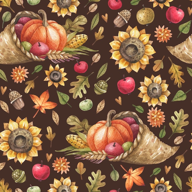 Autumn watercolor seamless pattern with ripe pumpkins, apples, cornucopia and sunflower flowers.