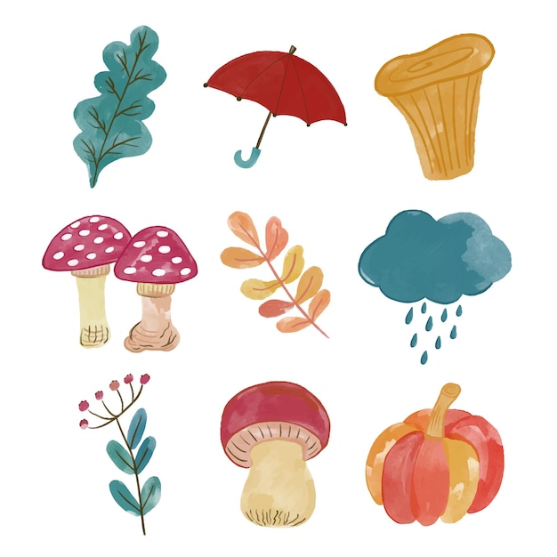 Autumn watercolor set with mushrooms, leaves, pumpkin, cloud, umbrella.Vector design. Vector templat