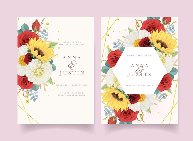 Autumn wedding invitation of watercolor sunflower dahlia and roses