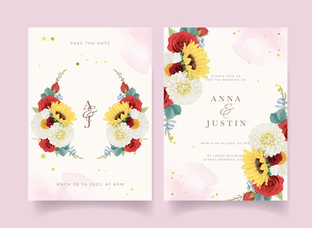 Autumn wedding invitation of watercolor sunflower dahlia and roses