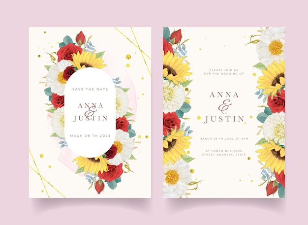 Autumn wedding invitation of watercolor sunflower dahlia and roses