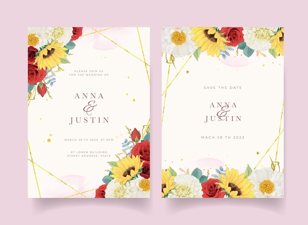 Autumn wedding invitation of watercolor sunflower dahlia and roses