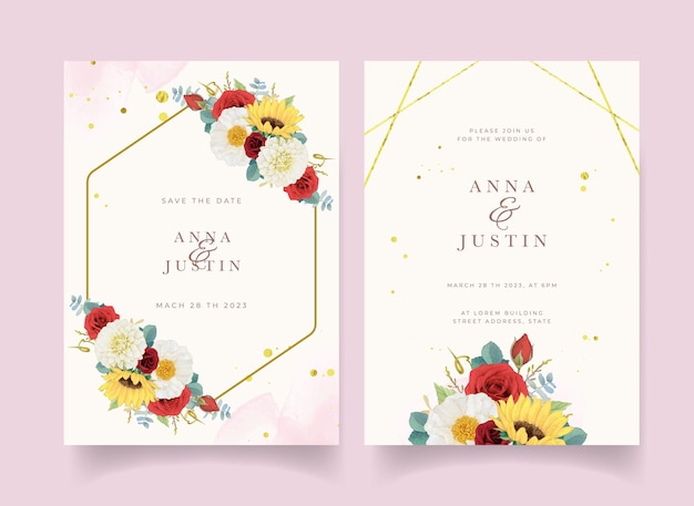 Autumn wedding invitation of watercolor sunflower dahlia and roses