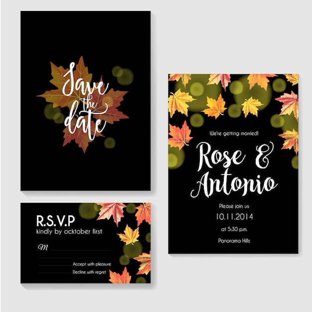 Autumn wedding invitation with leaves on black background