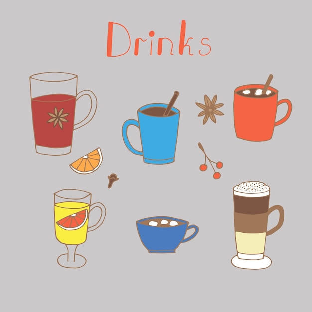 Autumn and winter hot drinks set vector illustration hand drawing