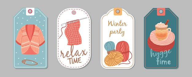 Autumn winter season labels. Knitting hobby, hygge time banners. Wool cardigan, latte or cacao cup vector stickers template. Handmade hobby, winter sewing and needlework template tag illustration