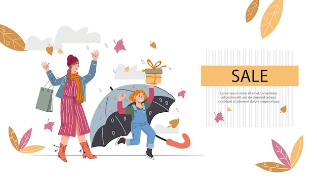 Autumn or winter season sale website banner flat cartoon vector illustration