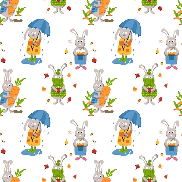 Autumn worries of a cute rabbit seamless pattern Children's illustration