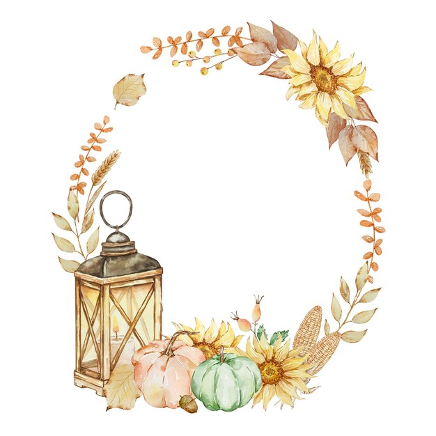 Autumn wreath of watercolor lantern and pumpkins