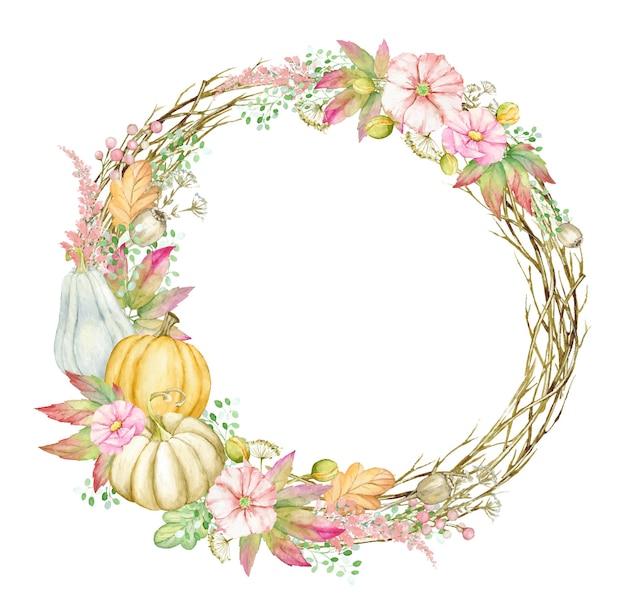 Autumn wreath with pumpkins leaves flowers branches Watercolor round shape template