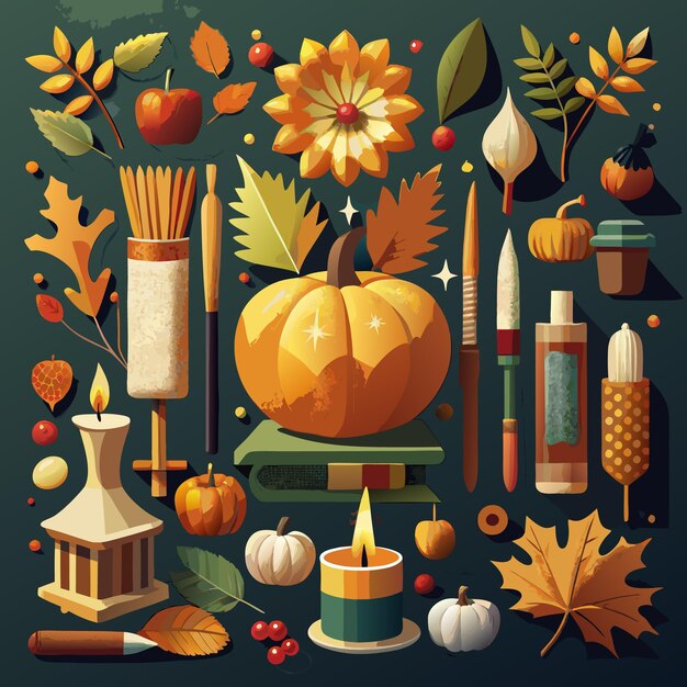 Autumnal collection with pumpkins leaves and candles