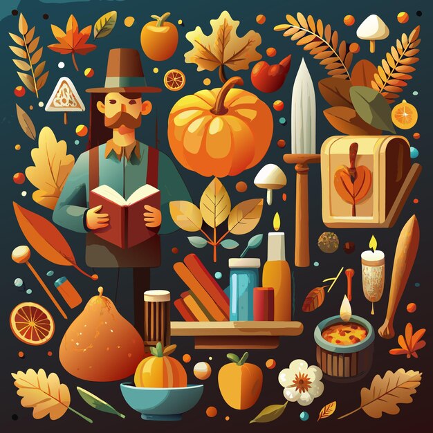 Autumnal Harvest Man Reading Book Surrounded by Fall Leaves Fruits and More