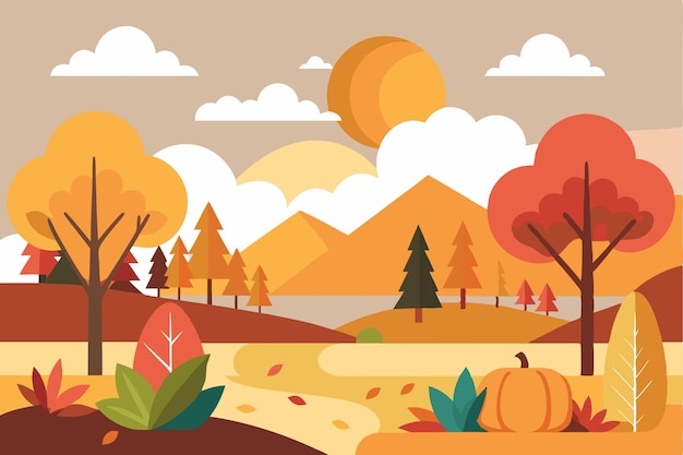 Vector autumnal landscape with a pumpkin and a winding path