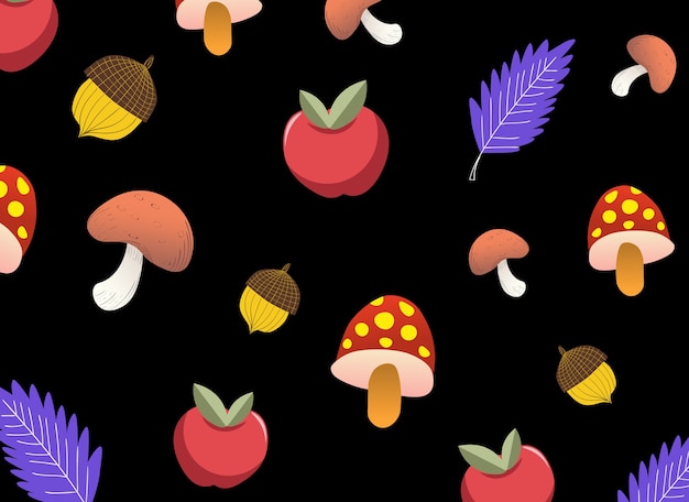 Autumnal pattern with mushrooms apples acorns and purple leaves