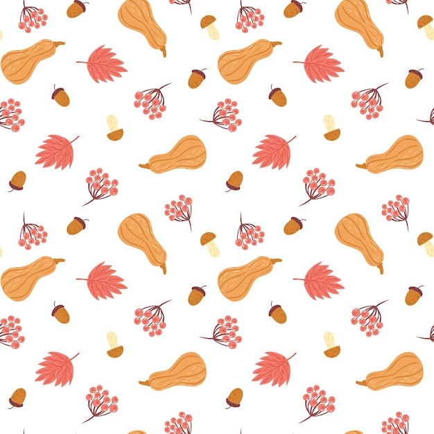 Autumnal seamless pattern with maple leaf, pumpkin, acorn and rowan.