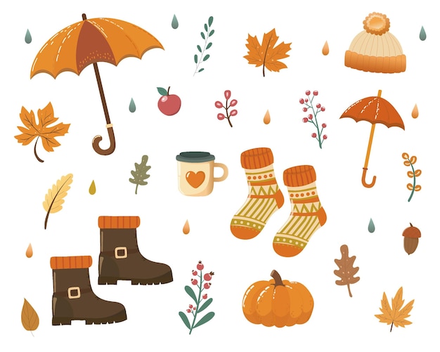 Vector autumnthemed illustration featuring boots umbrellas pumpkins and cozy accessories in warm colors