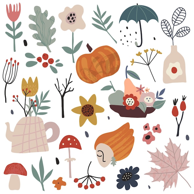 Autums vector collection of fall leaves berries flowers plants pumpkin mushrooms and branches