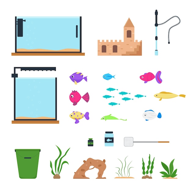 Avaristics cartoon set of aquarium fish, plants, decorations, equipment