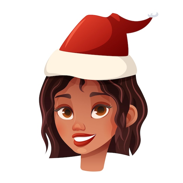 Avatar of beautiful black girl in Santa Claus hat Vector illustration in cartoon style