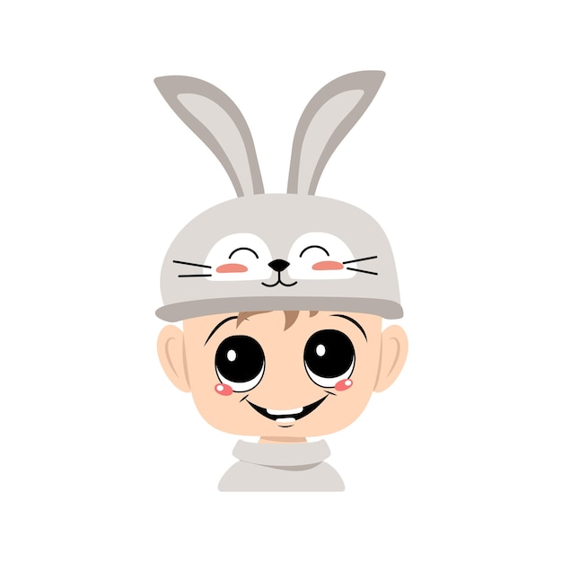 Avatar of boy with big eyes and wide happy smile in cute rabbit hat with long ears. Head of child with joyful face for holiday Easter, New Year or carnival costume for party. Vector flat illustration